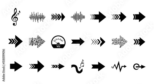 Diverse Collection of Arrows A Set of Directional Icons with Musical, Wave, and Meter Elements in Vector Format, Representing a Range of Concepts