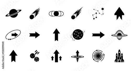 Cosmic Arrow Set Celestial Icons for Direction and Navigation - Exploring Vector Symbols of Space, Stars, and Upward Growth, and Outer