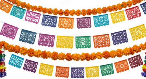 Illustration of Festive Papel Picado Garland With Marigolds and Colorful Culture