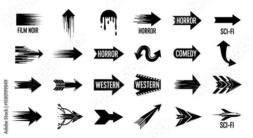 Diverse Arrow Graphics for Design Projects Vectors Pack Featuring Horror, Comedy, Sci-Fi, and Western Themes (54 Styles)
