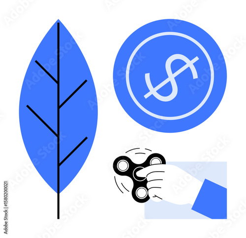 Blue leaf, dollar coin symbol, and hand spinning fidget toy emphasize environmental care, finance, relaxation. Ideal for eco-consciousness, wealth, balance, mindfulness wellness productivity