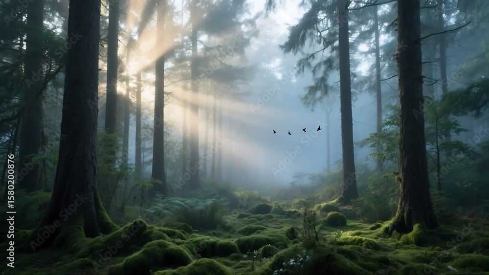 Obraz premium A lush forest background in the early morning