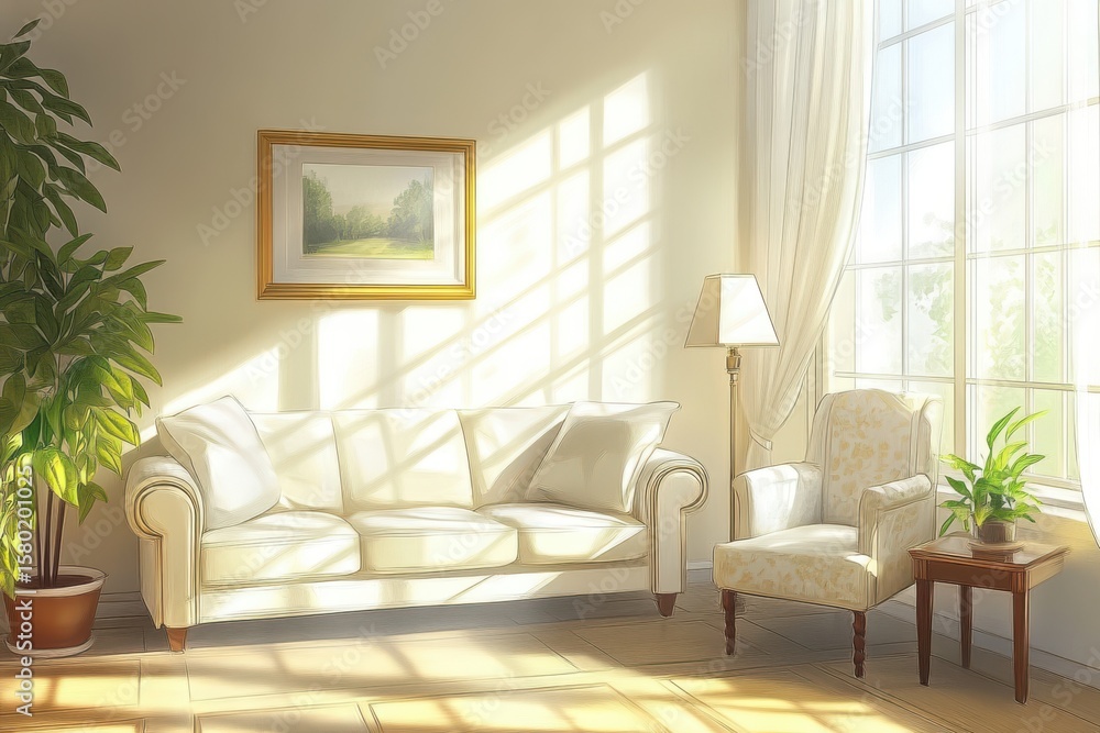 A white couch sits in a room with a large window and a potted plant. Light relaxing room interior with sofa and armchair.