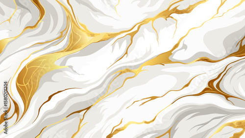 Abstract white and gold marble texture with flowing veins and swirls