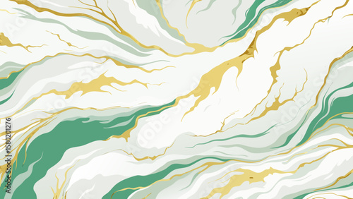 Abstract flowing green and gold marble texture with white background