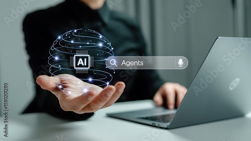 Person using ai agents with a laptop and holographic globe