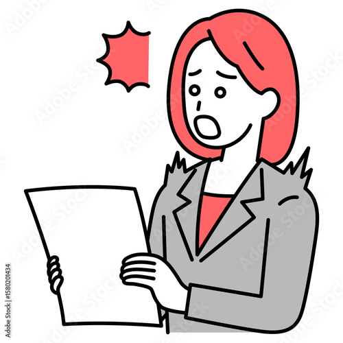 書類を見て驚くスーツの女性