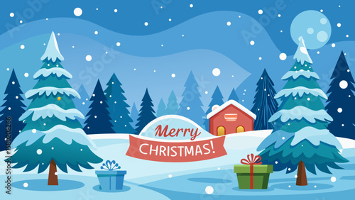 Cozy winter scene with snow covered trees and christmas gifts
