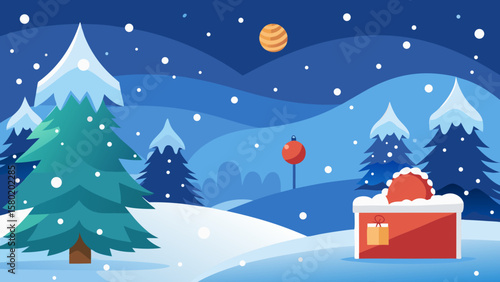 Whimsical winter landscape with snow falling on evergreen trees and a festive red house