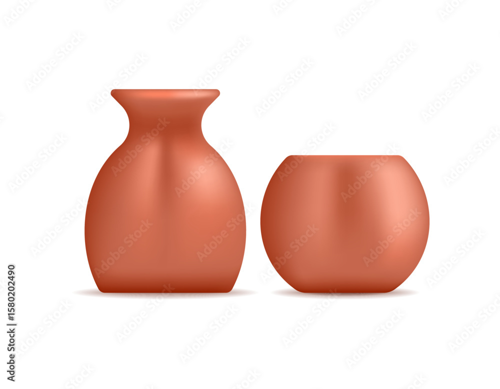 Illustration of two vases, pots, or pottery. Clay crafts. Craft objects or items. Minimalist 3D style design. Icon or symbol. Element assets