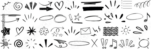 Hand drawn doodle elements including arrow, heart, star, swirl, highlight, and sketch underline. decorative design set for infographics, social media, note taking, and creative projects