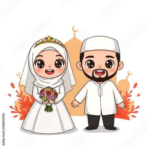 Illustration Of Muslim Couple In White Outfit Celebrating Marriage