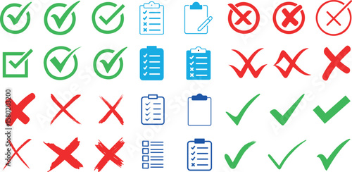 Checklist icons, green check marks, and red cross symbols in flat vector style. Perfect for UI, forms, surveys, or feedback. High quality, colorful symbols for web, apps, and presentation