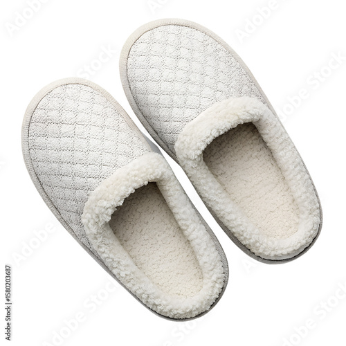 A light gray pair of slippers with fuzzy lining, isolated on transparent background