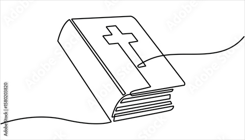 one continuous line bible.one line drawing of Christian holy book. Bible linear icon. One line drawing background.