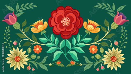 Vibrant floral border design with red yellow and pink flowers on green background