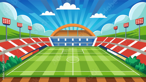Vibrant cartoon soccer stadium with green field and blue sky