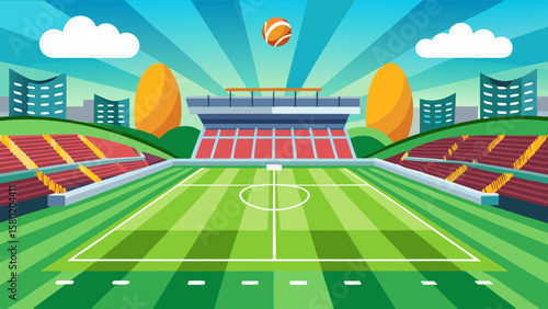 Vibrant cartoon stadium with green field and cheering crowd under a sunny sky