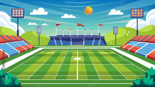 Vibrant sports stadium with green field and blue sky on a sunny day