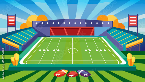 Vibrant american football stadium with colorful seating and field under a sunny sky