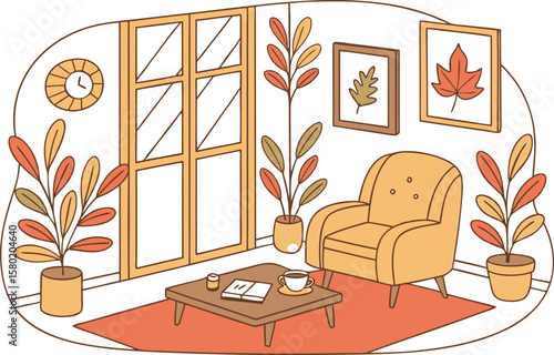 Cozy living room with a comfortable armchair coffee table with a book and coffee potted plants framed autumn leaves art and a window with a clock