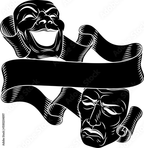 Theatre drama theater comedy tragedy masks sign in a vintage woodcut style. With copyspace on the scroll.