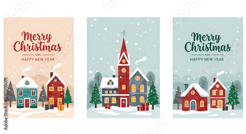 Illustration Pixel Art Merry Christmas Snowy Village Greeting Card Design