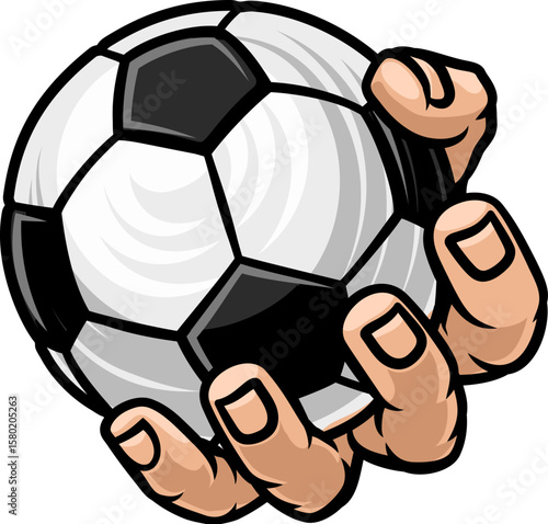A mascot person hand or fist holding a soccer football ball