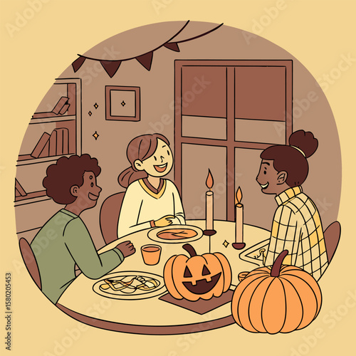 Three diverse friends happily enjoying a festive halloween dinner together at a candlelit table adorned with pumpkins and spooky decorations