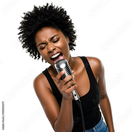 Illustration of Woman Singing Holding Microphone with Transparent Backdrop