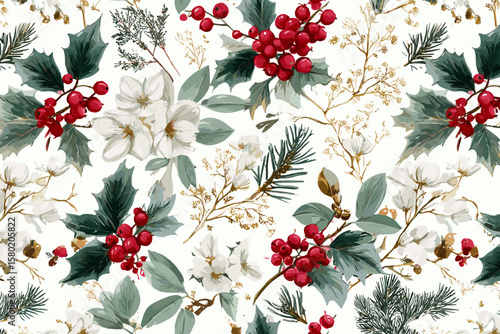 Seamless Pattern – Elegant Christmas Florals with Mistletoe, Holly, Pine Needles, and Berries in Deep Greens, Reds, and Gold on Crisp White for Refined Holiday Fabric Designs 