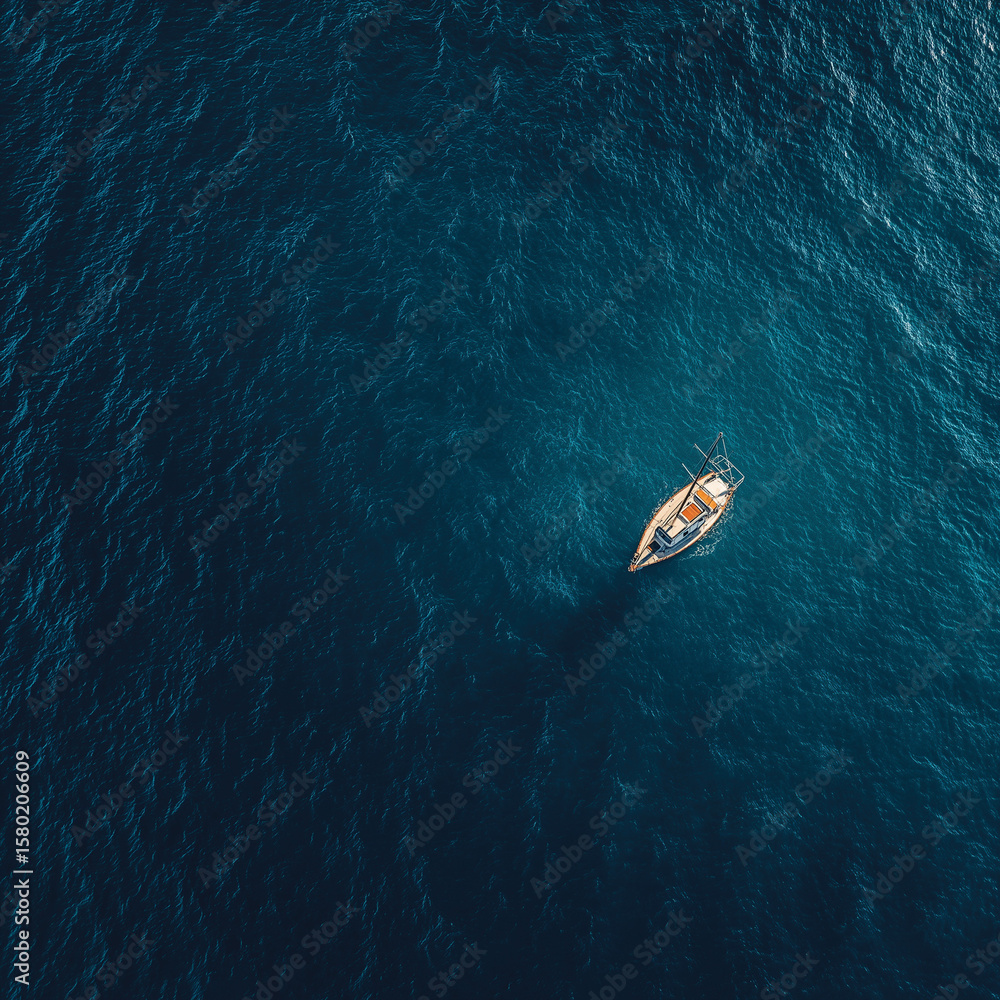Fototapeta premium Bird’s eye view of a small sailboat in the middle of deep blue sea
