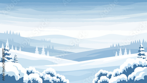 A serene winter landscape featuring snow-covered hills, evergreen trees, and a tranquil sky.