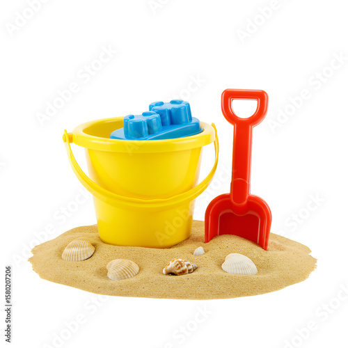 Illustration Sand Beach Toys with Yellow Bucket Red Shovel and Shells