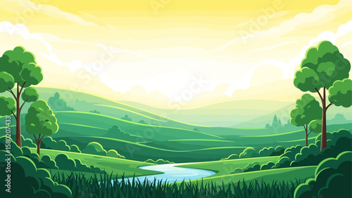 A serene, cartoon landscape at sunrise, with rolling hills, a meandering river, and lush greenery.