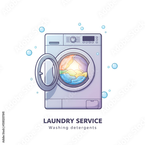 Illustration of Washing Machine with Clothes and Laundry Service Text