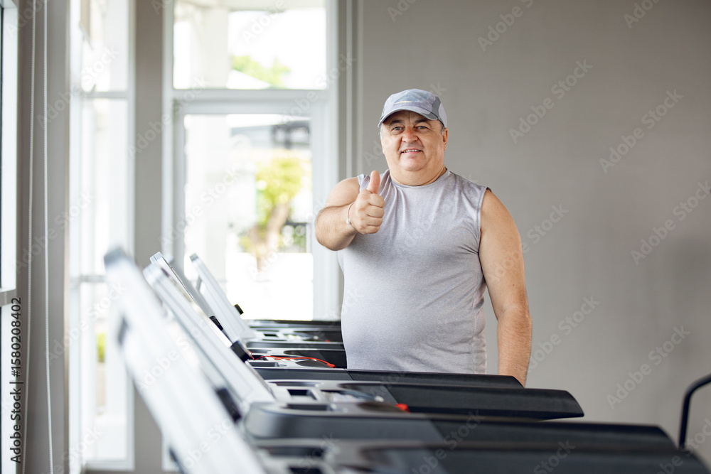 Obraz premium Man running on treadmills in sport gym .fitness man runner show Thumbs up on running machine in morning time