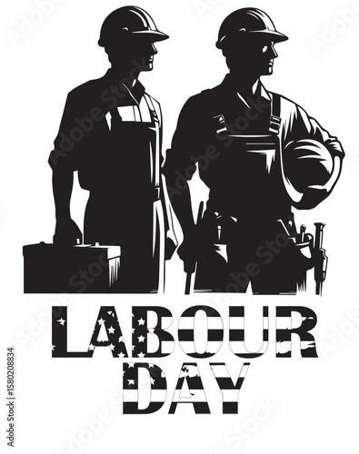 Labour Day Silhouette Vector: Construction Workers and American Flag Text for Holiday Celebration