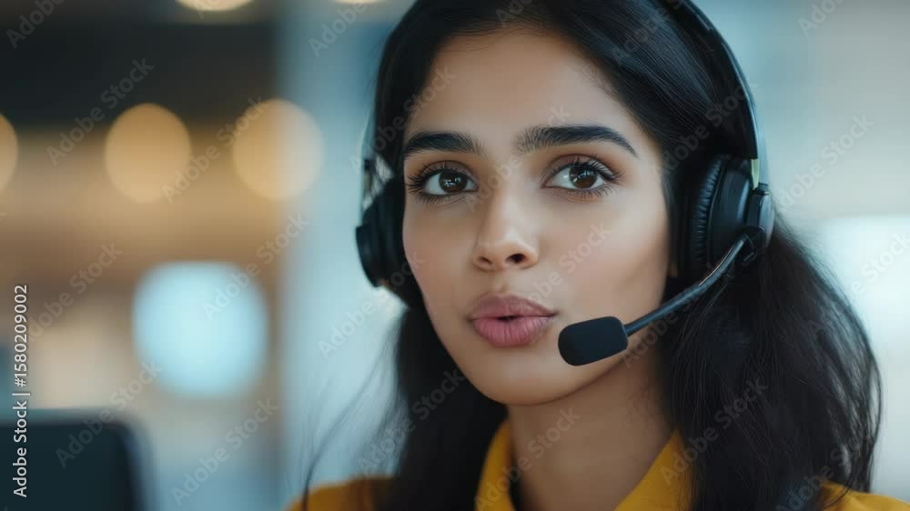 A woman wearing a headset and a yellow shirt. She is talking on the phone. The headset is black A woman wearing a headset and a yellow shirt. She is talking on the phone. The headset is black