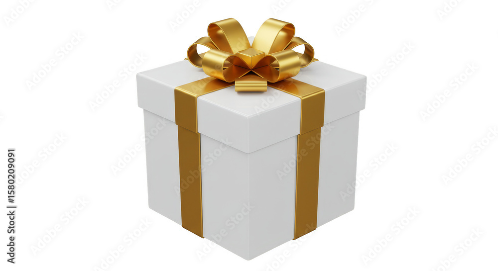Obraz premium Isolated 3D Render Present Golden Ribbon on a White Box