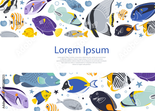 Kids diploma with cartoon red sea fish vector frame. Child graduation certificate for kindergarten, school, award and appreciation. Cute frame template with clown and angel fish