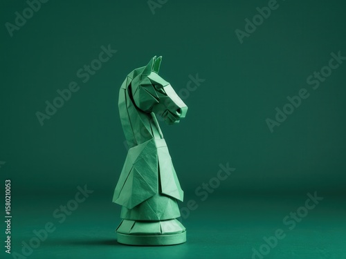  An elegant origami knight piece poised on a rich tournament green backdrop.
