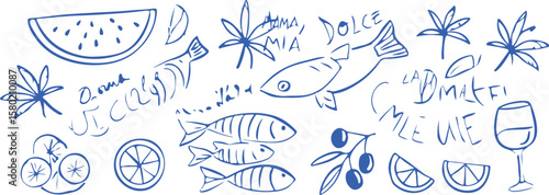 Blue sketch of italian summer food and drink vector