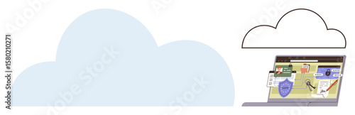 Laptop displaying secure file sharing interface within a cloud shape. Ideal for cloud computing, data security, collaboration, remote work, technology, innovation, IT support. Simple flat metaphor