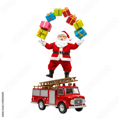 Illustration Santa Claus Juggling Gifts on Fire Engine Transparent BG