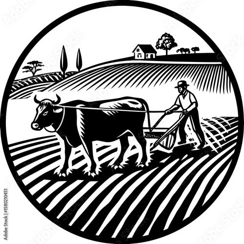 Farmer plowing a field with oxen in linocut style