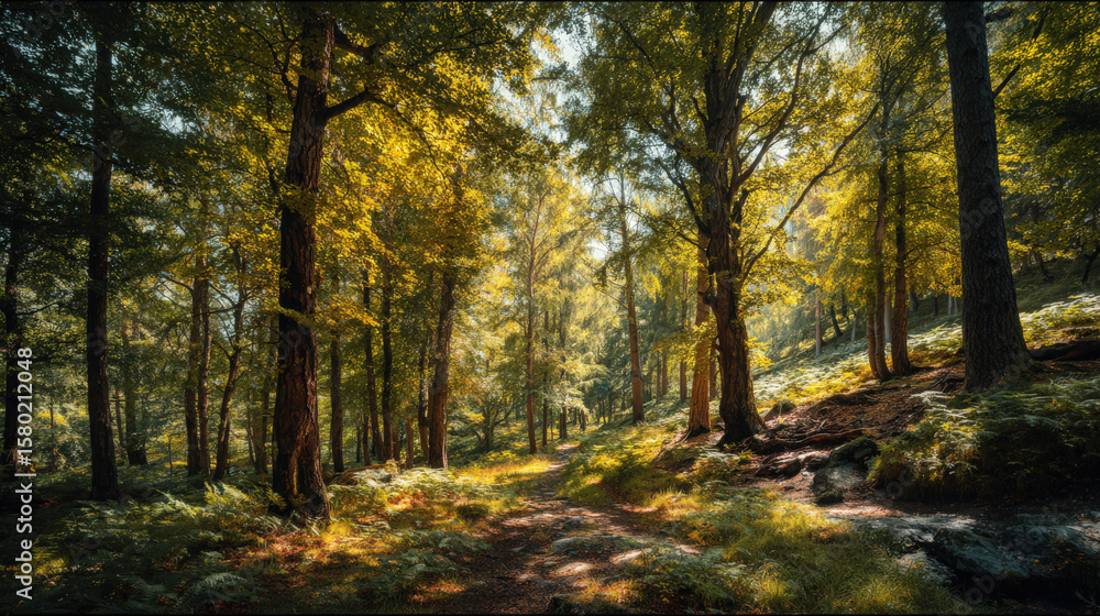 Obraz premium An inviting autumn path leads through a sun-dappled forest.