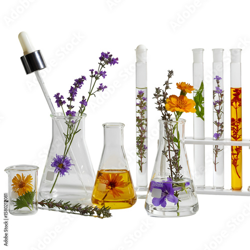 Isolated Background Image of Laboratory Glassware with Flowers in Black