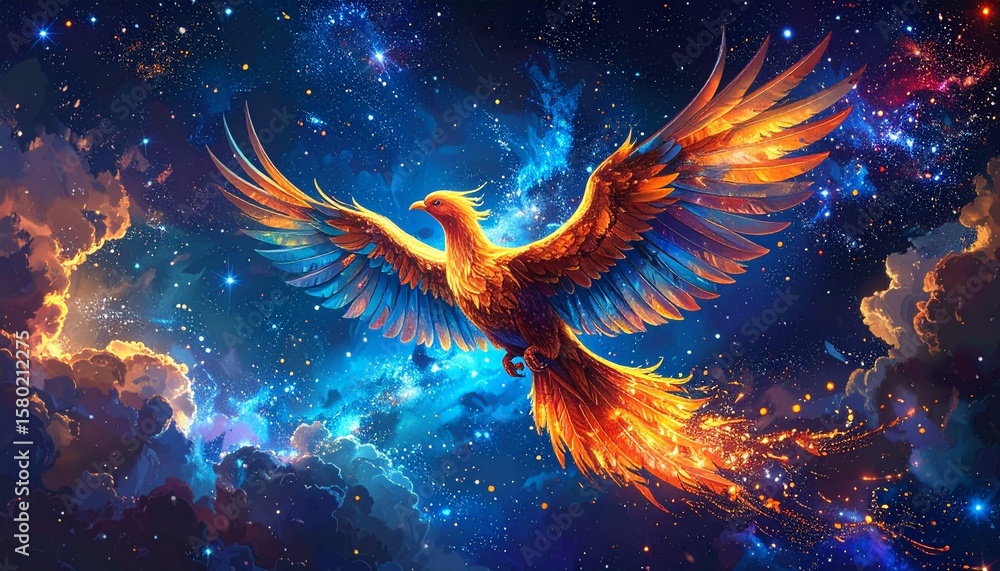 Fototapeta premium Phoenix rising from flames, phoenix firebird rising into sky, phoenix in fire, Symbol of rebirth, Fenix with burning wings and feathers, flying red burning bird, angel in the night sky