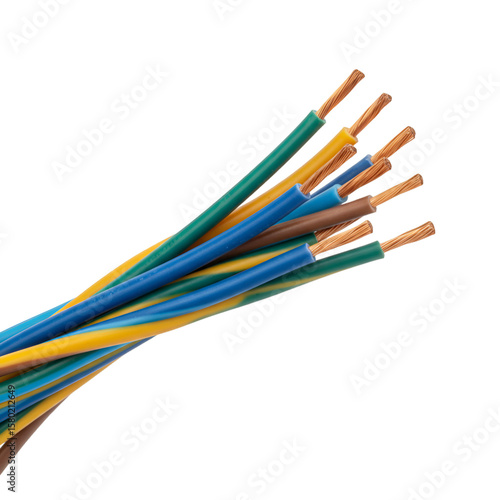 Isolated Bunch of Electrical Copper Wires Cables Blue Green Yellow Brown